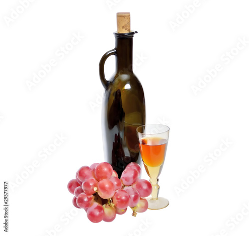 Bottle and glass of wine, grape bunch on white background