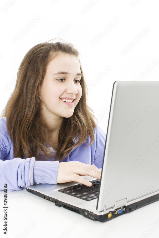 Beautiful and happy girl with a laptop, isolated on white Beautiful and happy girl with a laptop, isolated on white