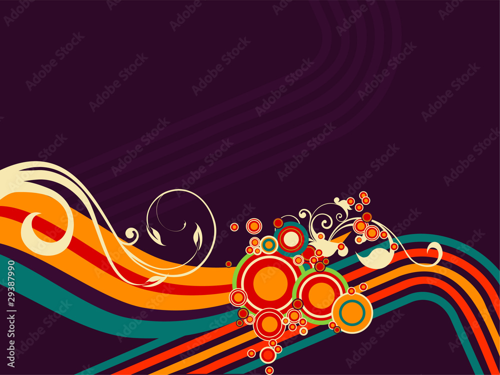 Vector illustration of retro disco lines with floral ornaments