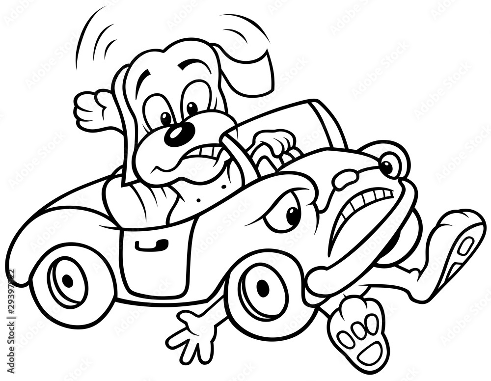 Dog and Car Crash - Black and White Cartoon illustration Stock