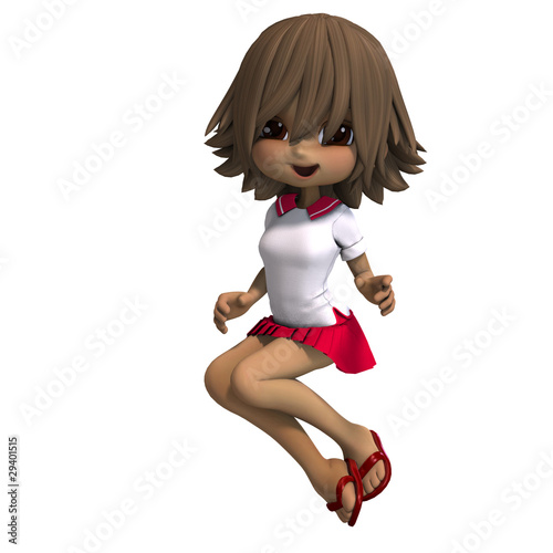 cute little cartoon school girl has a lot of fun. 3D rendering photo