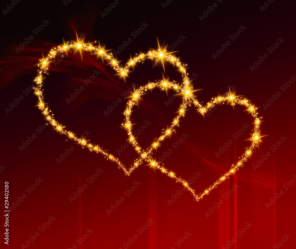Hochzeitskarte Goldene Herzen auf dem roten Hintergrund