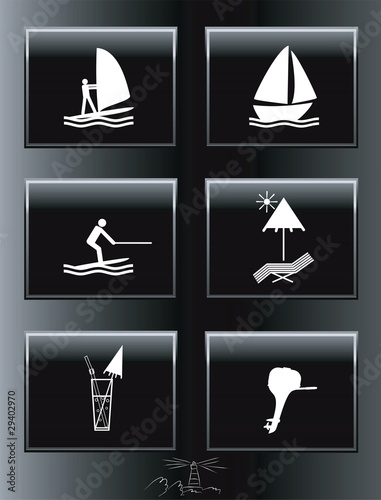 Beach resort icons set on black rectangles.