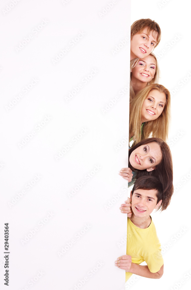 Group of happy people holding banner. Group of happy people holding banner.