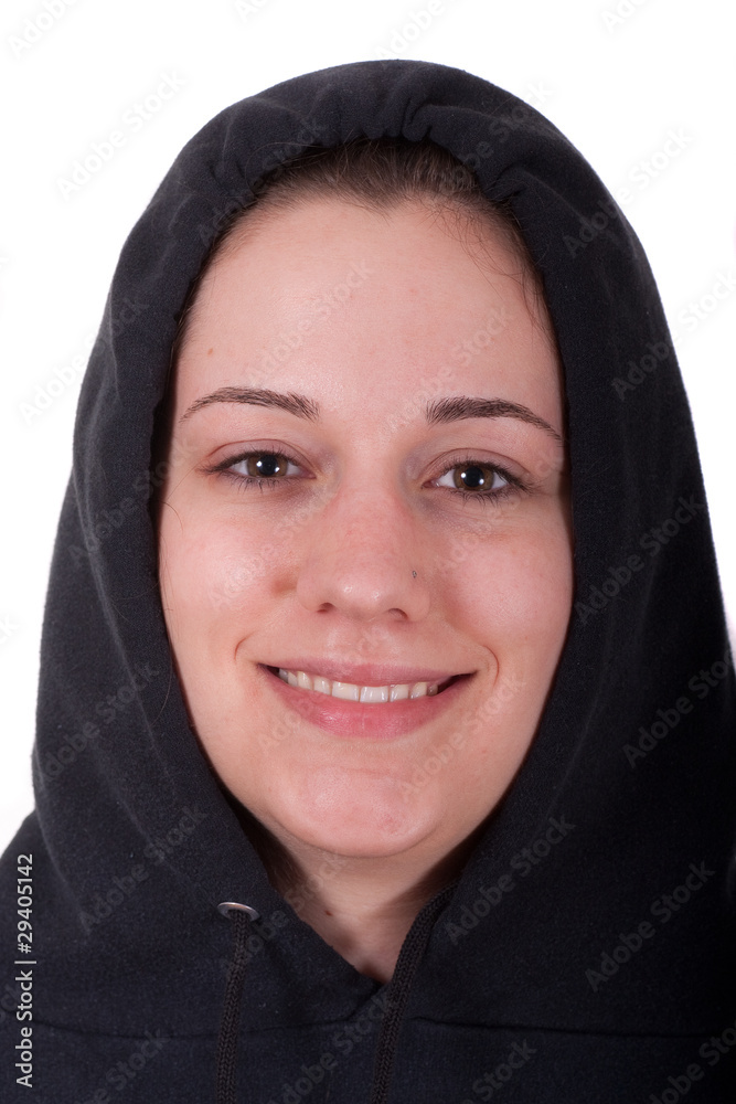 Young Brunette in Black Hood Smiling Young Brunette in Black Hood Smiling