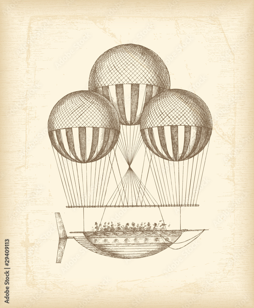Naklejka premium Vintage sketch of a flying machine-balloon