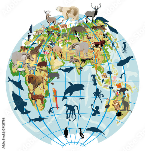 Photography earth globe with different animals