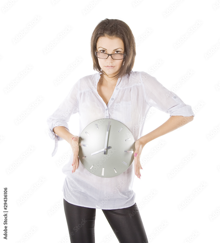 picture of young woman with big clock picture of young woman with big clock