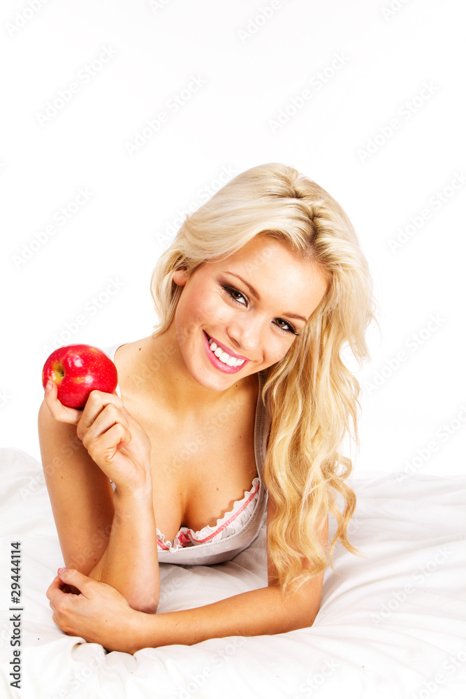 blonde with apple