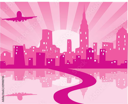 pink city background with sunrise and plane