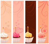 Four banners with sweet small cakes and flourishes
