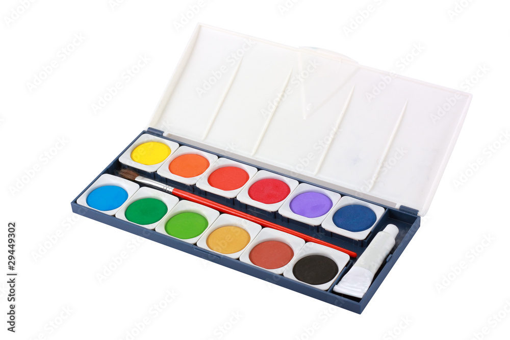 Fototapeta premium Water color box with brush isolated