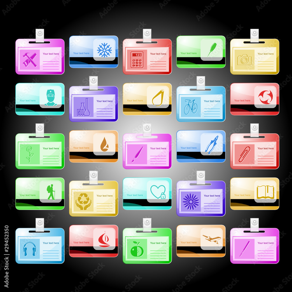 Vector set of id cards. 25 elements.