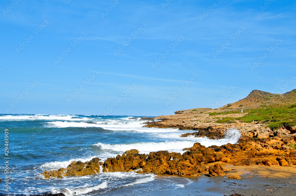 view of Binimela beach in Menorca, Balearic Islands, Spain