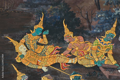 Masterpiece of traditional Thai style painting art  on temple wa