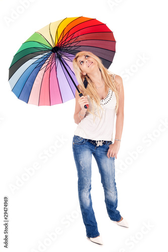 blond woman and umbrella