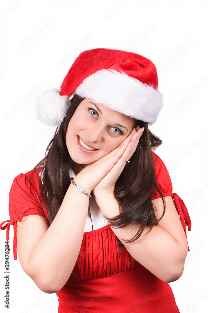 Young girl in red smiling with christmas clothes Young girl in red smiling with christmas clothes