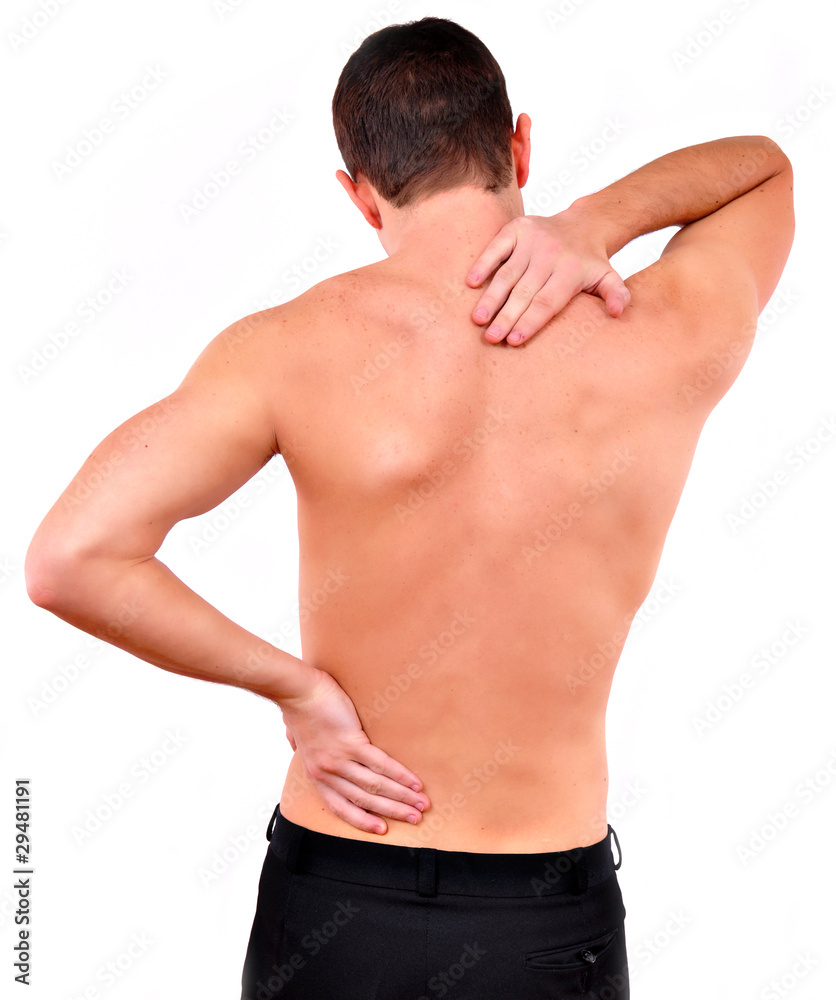 young caucasian man with pain in a back isolated on white