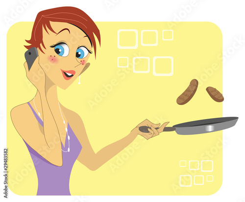 Woman talking on the phone while cooking
