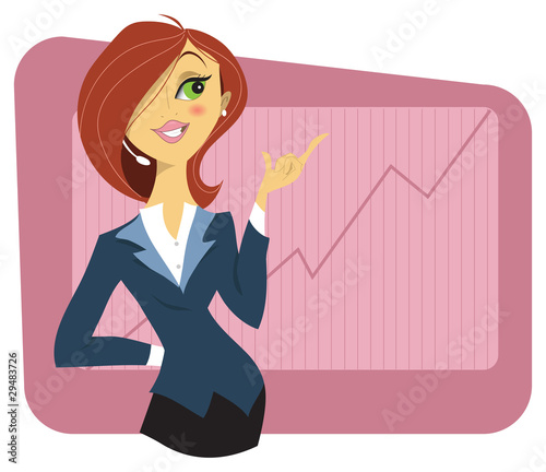 Sexy young woman in a business suit showing a finance graphic