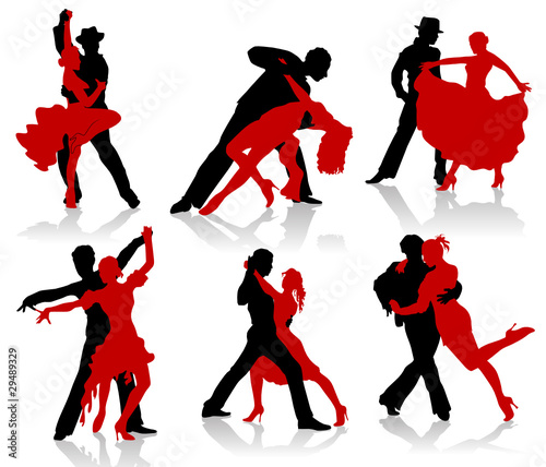 Silhouettes of the pairs dancing ballroom dances. Tango, step.