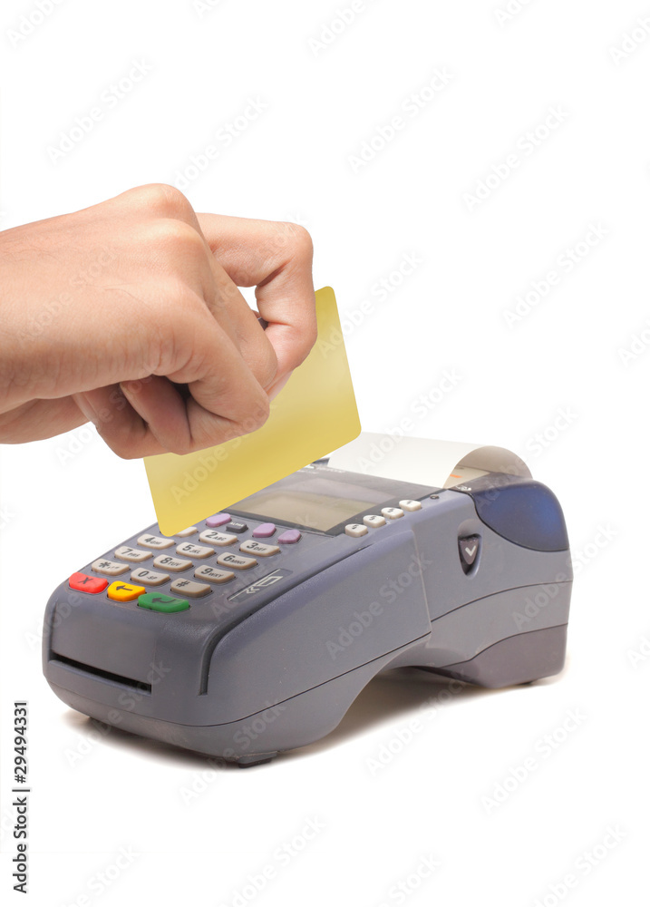 Paying with credit card machine. Isolated on white background Paying with credit card machine. Isolated on white background