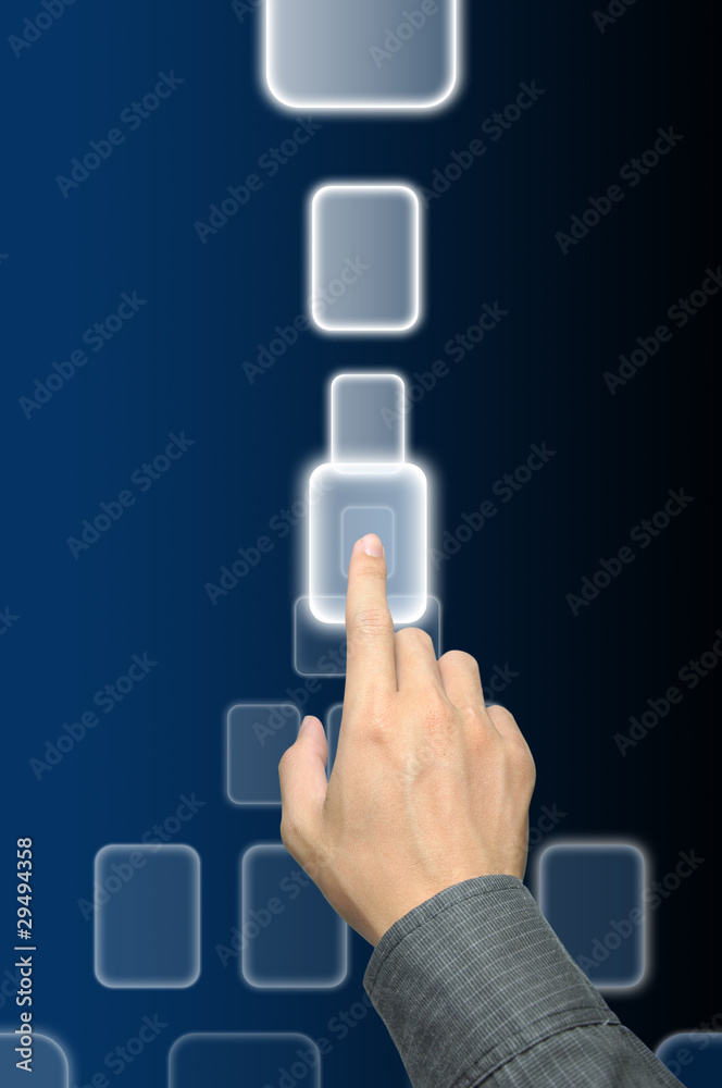 hand pushing a button on a touch screen interface hand pushing a button on a touch screen interface
