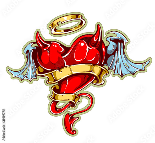 Tattoo styled heart with wings, horns and ribbon