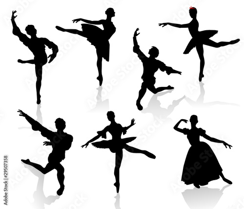 Silhouettes of ballerinas and dancer in movement