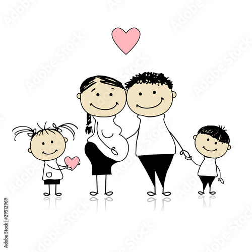 Happy parents with children waiting for newbaby, pregnancy
