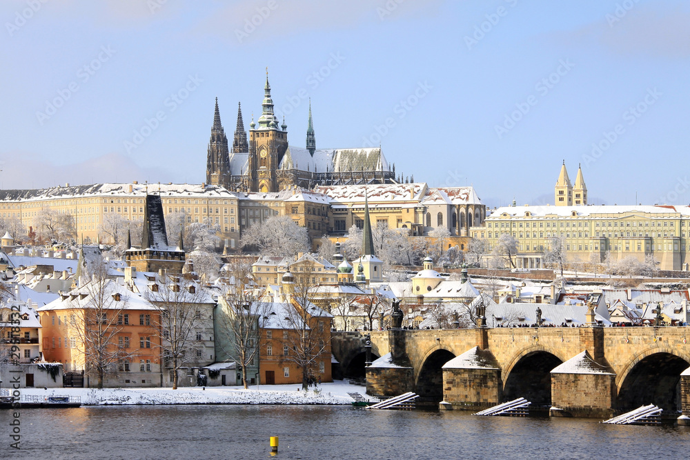 Romantic Snowy Prague gothic Castle with the Charles Bridge