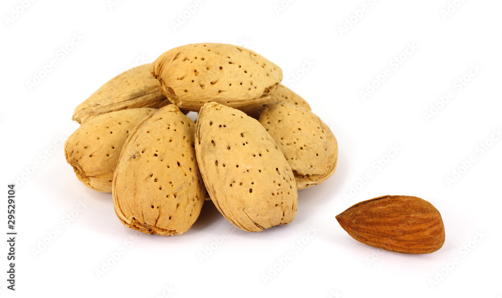Group of almonds with one shelled Group of almonds with one shelled