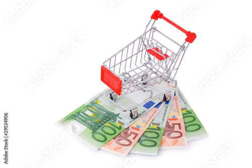 Empty Shopping Cart on Euro Banknotes Isolated on White
