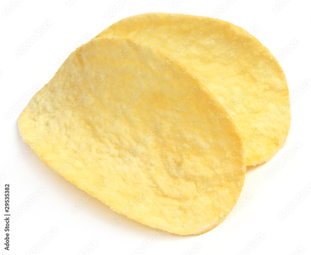 Potato crisps over white background