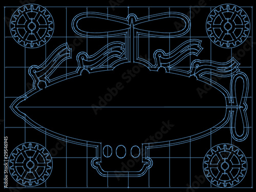 Fantasy Airship Blueprint Gears, Flags outline on grid