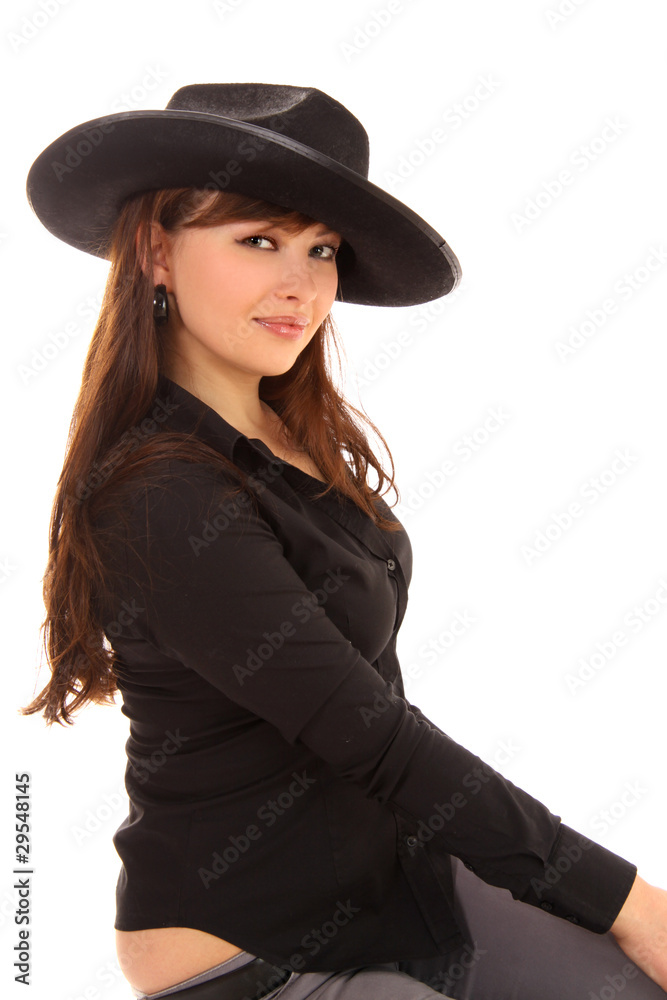 woman with a cowboy's, man's hat, isolated woman with a cowboy's, man's hat, isolated