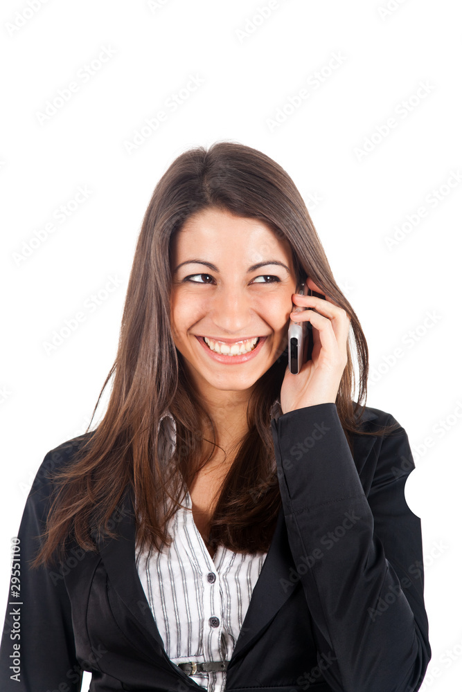 Businesswoman portrait talking on the phone. White background Businesswoman portrait talking on the phone. White background