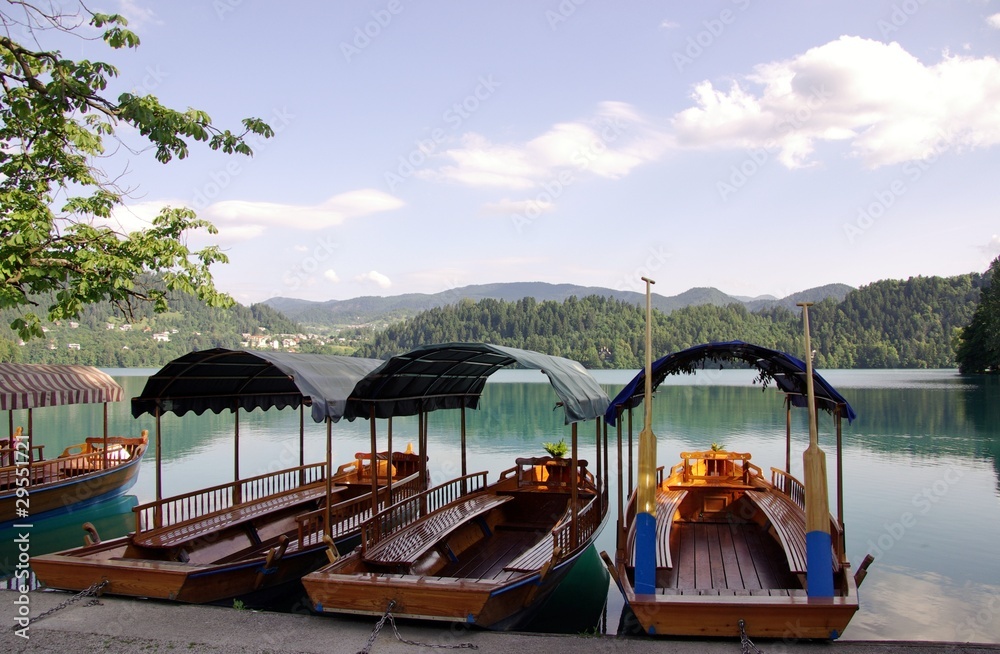Wooden boats at lake Bled in slovenia