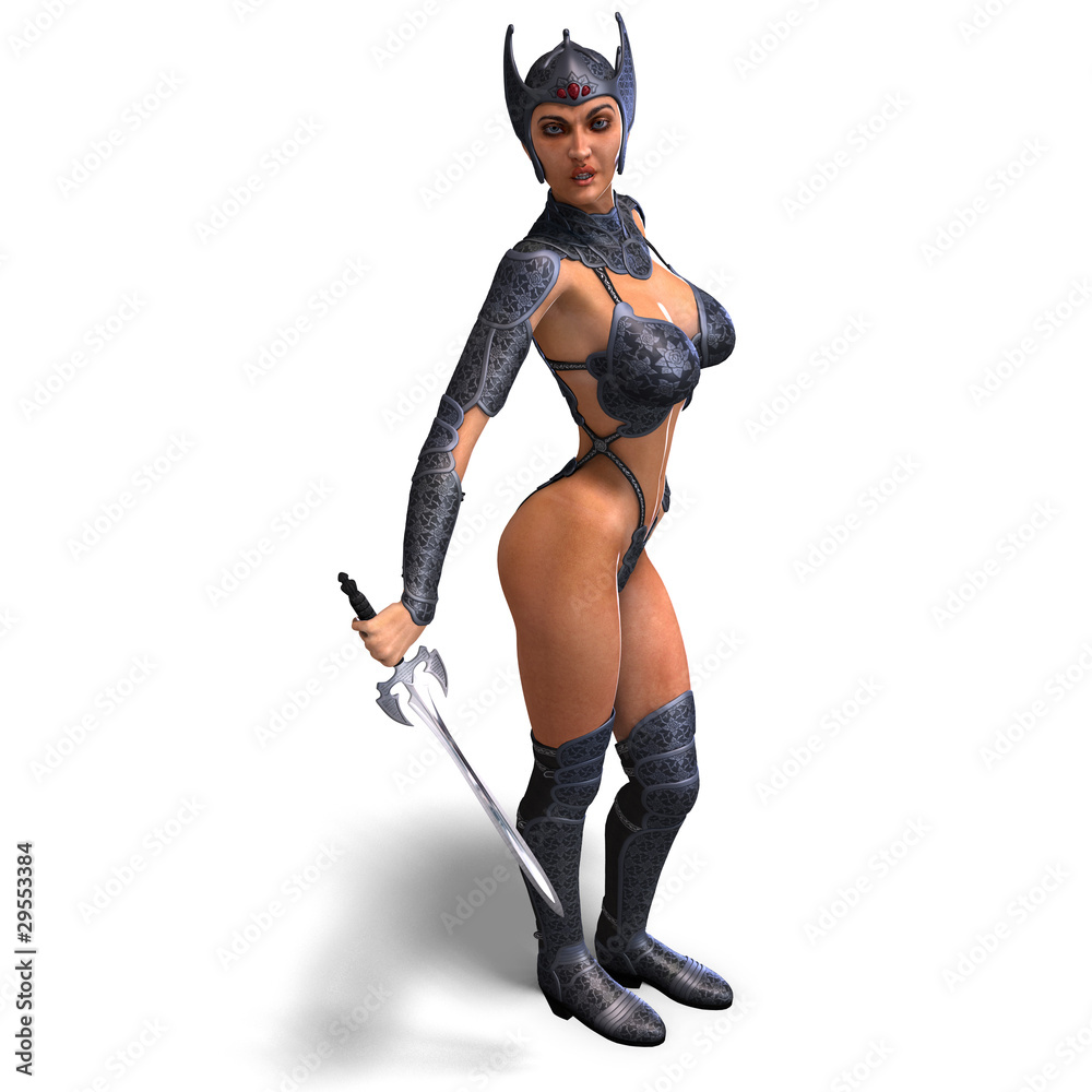 female amazon warrior with sword and armor. 3D rendering with female amazon warrior with sword and armor. 3D rendering with