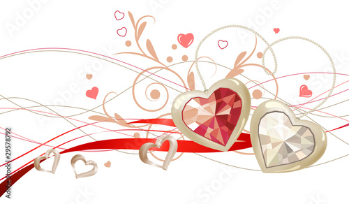 Two gold hearts  with gems and floral decoration