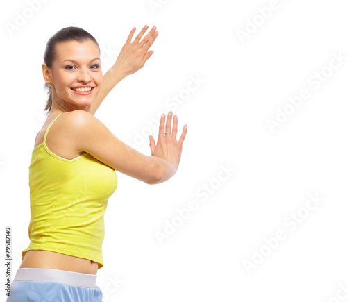 Portrait of a smiling young woman with blank bill board