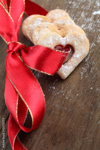 Red ribbon with shortbread hearts