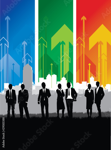 business people on a cityscape and arrow background