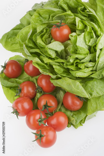 Green lettuse salad and tomato fresh food isolated over white photo