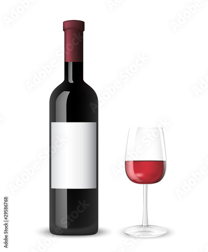 Photo-realistic illustration of bottle and glass of red wine.