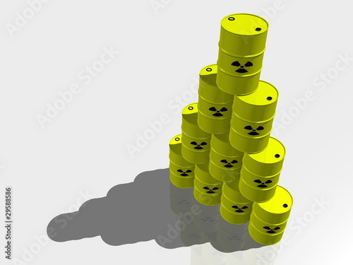 Stack of nuclear waste barrels throwing a shadow