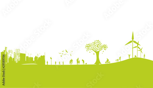 modern green frame with buildings and people