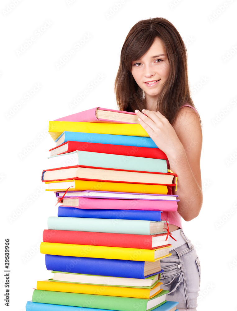 Girl with pile color book . Girl with pile color book .
