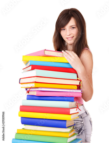 Girl with pile color book .