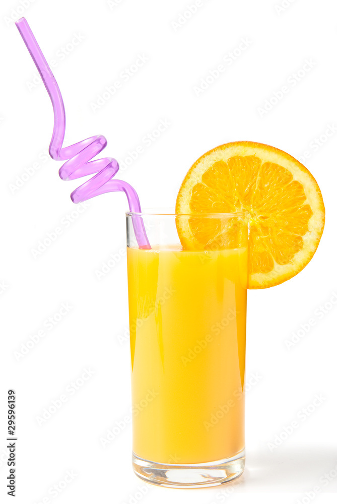 Orange juice with straw and orange slice isolated on white